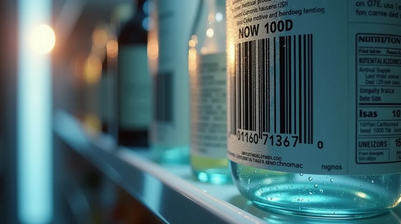 Close-up of a barcode on a beverage bottle with nutrition panel, showing packaging compliance and clear print for scanning