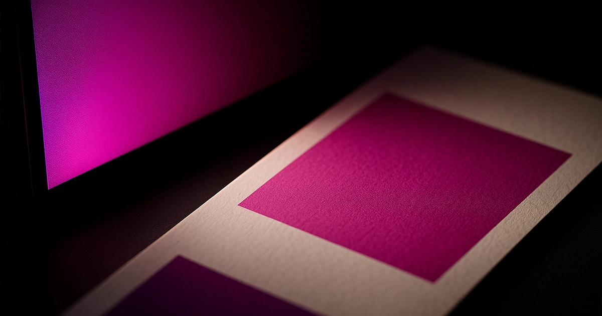 Macro comparison of neon magenta on an RGB monitor versus a duller CMYK print swatch, highlighting the color shift between screen and print.