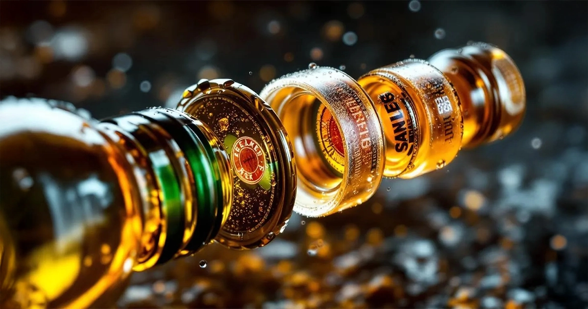 Close-up image of several glass bottle caps and labels showing font legibility and branding in a wet, high-detail environment
