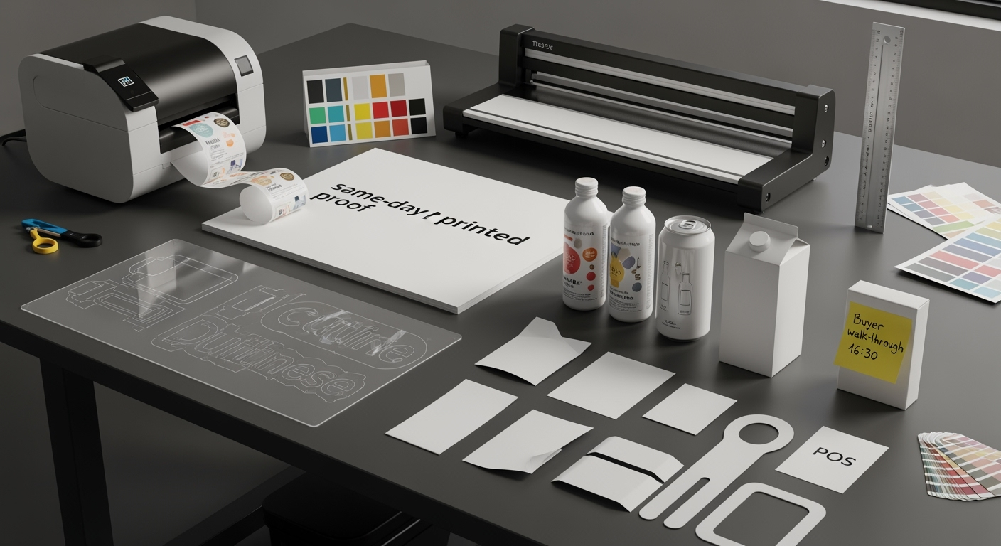 In-house packaging workspace with printed label proofs, a dieline overlay, short-run sample units, and POS materials beside a compact label printer—showing same-day turnaround.