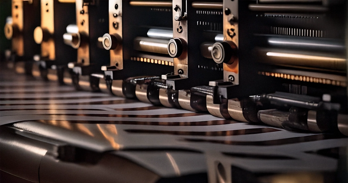 Close-up of a modern label printing press with glossy label rolls in precise alignment, showing high-quality packaging production.