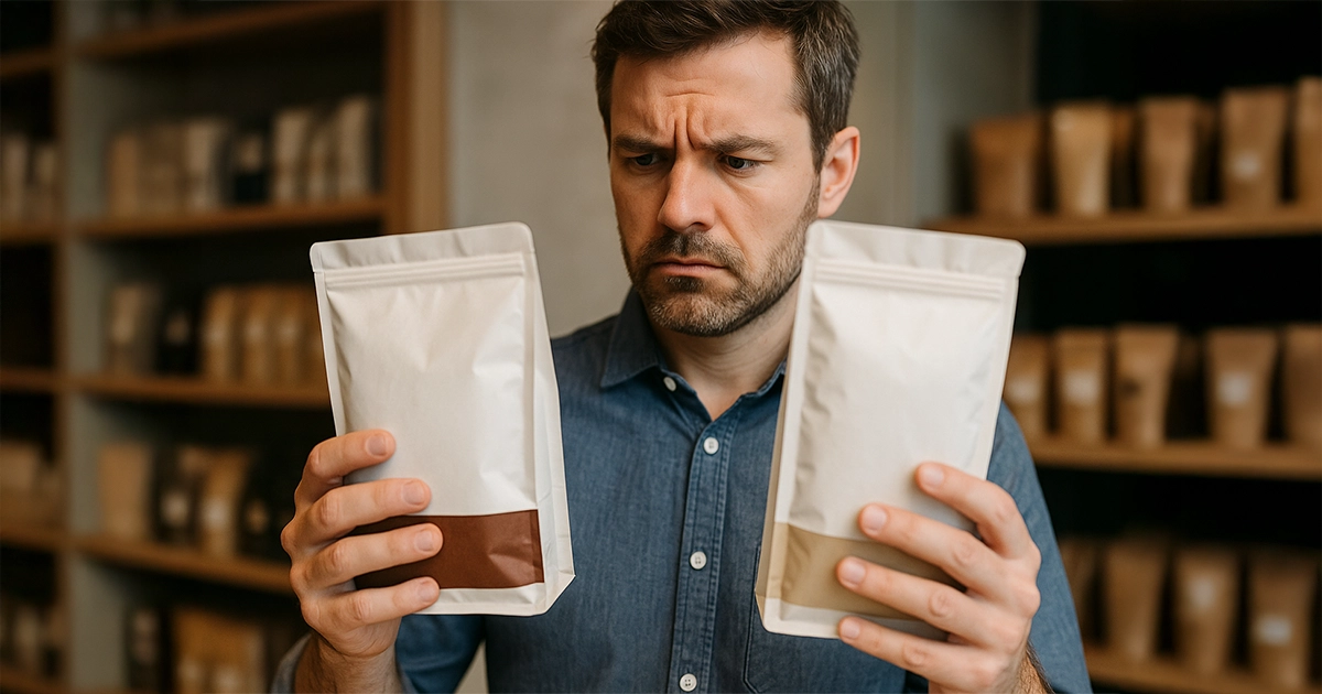 Man comparing two stand-up pouches with different label shades, illustrating a print color mismatch between packaging samples.