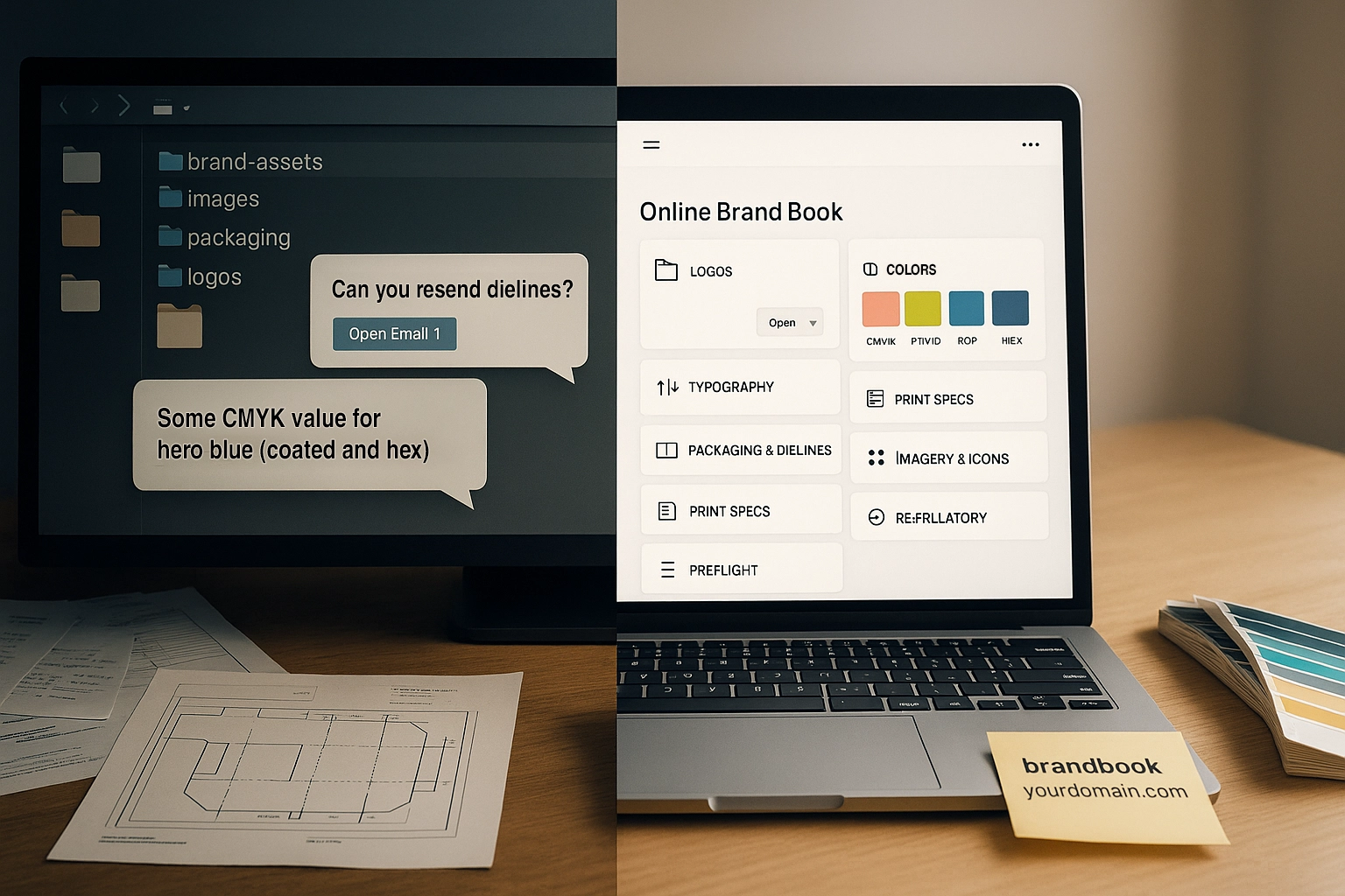 Split-screen: messy folders and emails asking for dielines/CMYK on the left; on the right, a laptop shows an online brand book with logos, color chips, dielines, and print specs.