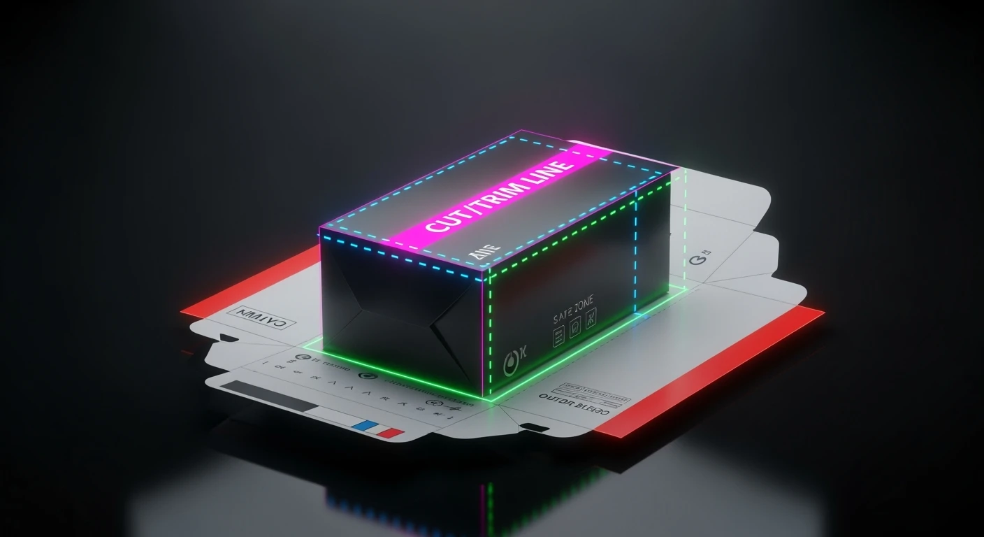 3D folding carton on an unfolded dieline with neon overlays showing cut/trim, crease, bleed and safe zone — clean prepress packaging example on dark background.