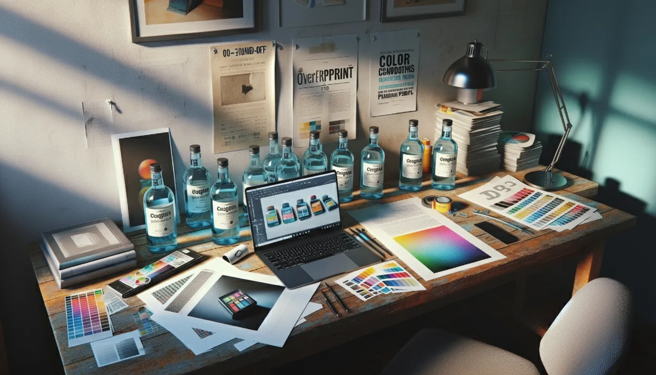 Budapest packaging studio desk with dielines, proofs, and a laptop showing a 3-page PDF hand-off