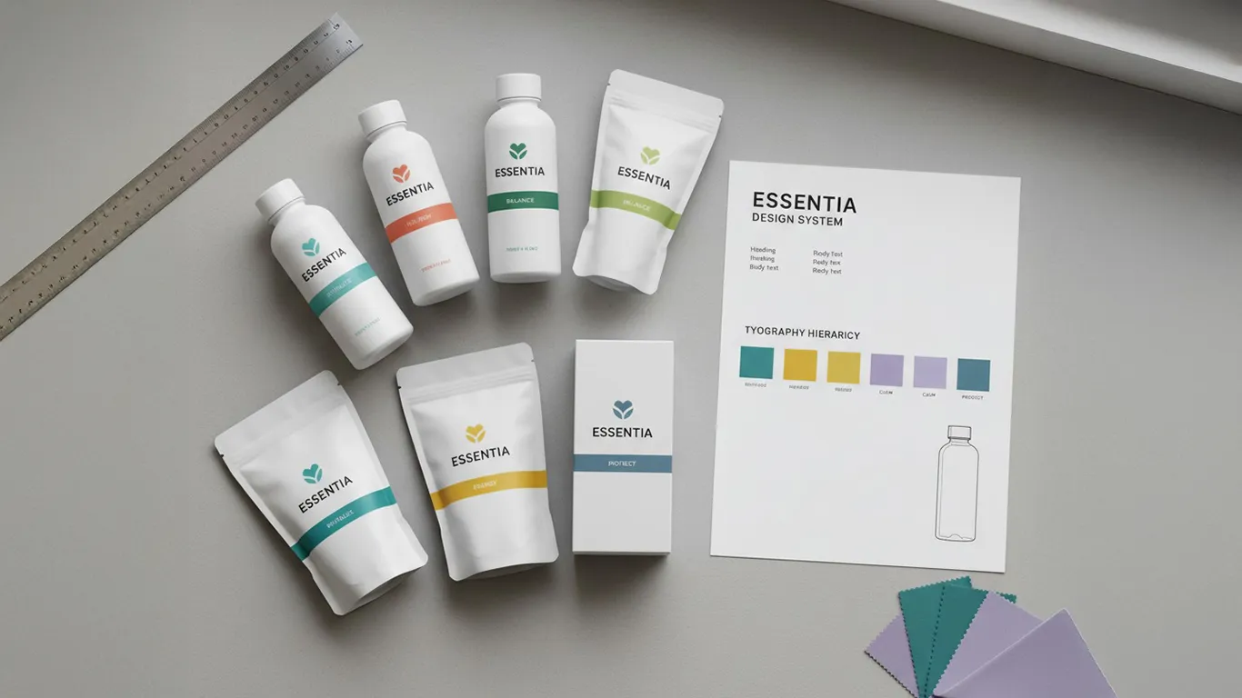 Top‑down photo of a packaging family with consistent design across variants, plus a style sheet with color chips and a dieline thumbnail.