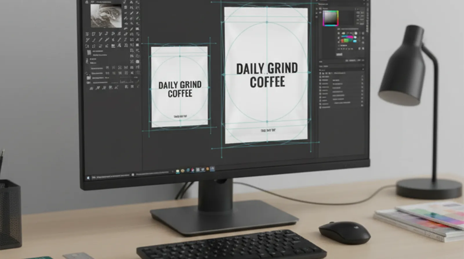 Designer workstation with monitor showing vector grids for small and large coffee pouches - proportional scaling and shared components that illustrate a standard size system.