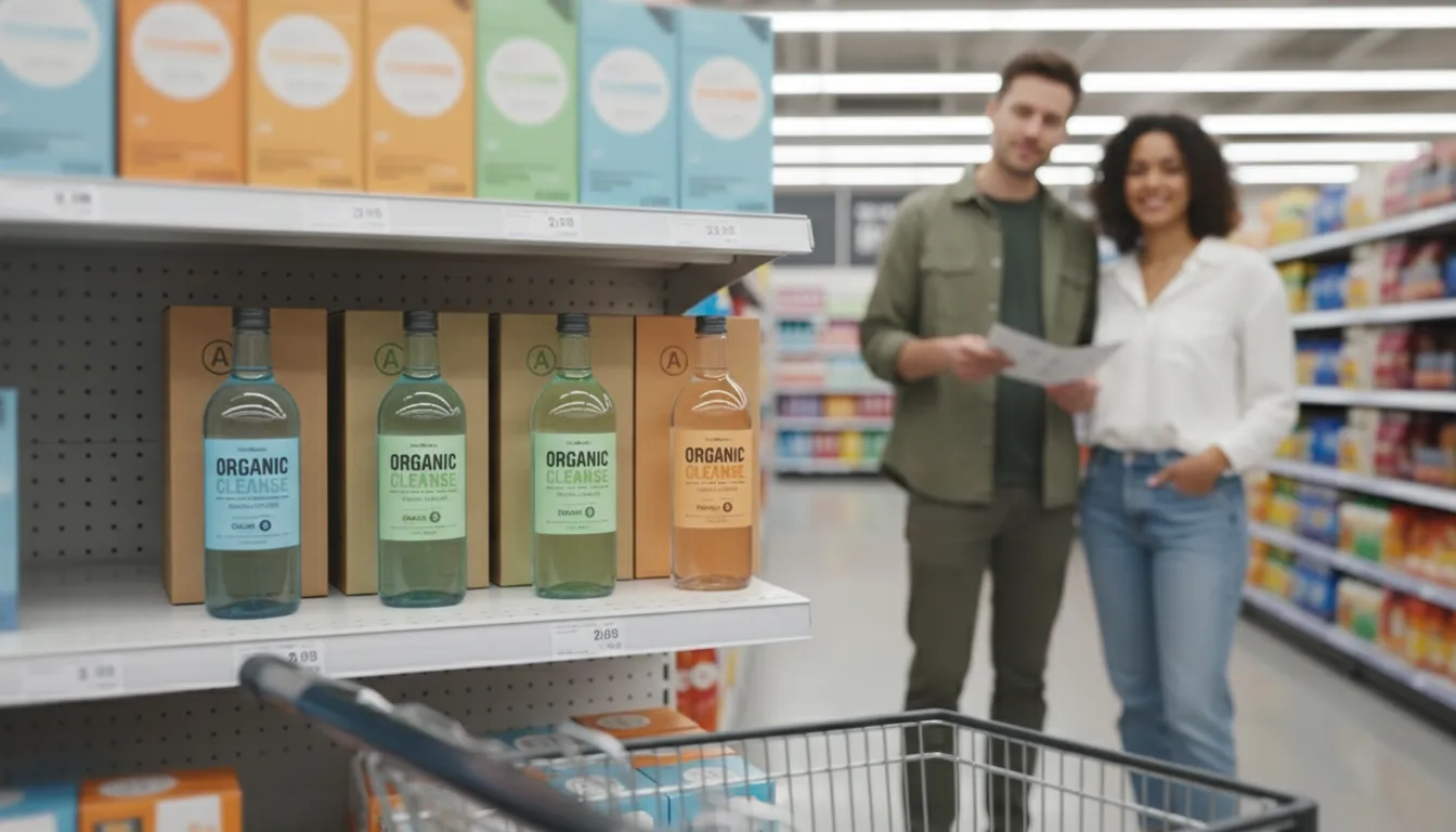 Supermarket shelf showing consistent color across carton and clear-bottle variants under cool LED lighting, shopping cart in foreground, two team members reviewing notes in soft focus