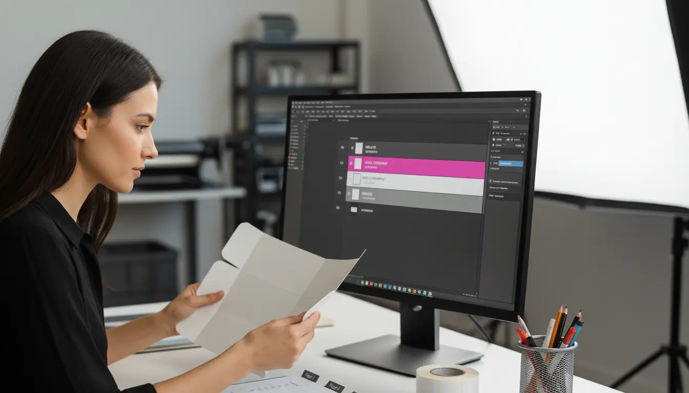 Packaging designer comparing a printed carton proof to on-screen artwork showing DIE_LINE, WHITE_UNDERPRINT, and BARCODE layers in a tidy studio with shallow depth of field