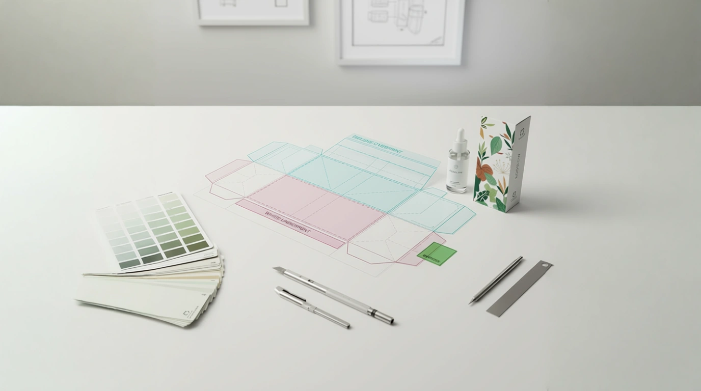Packaging template with locked dieline and white ink layers beside printed carton and label proofs