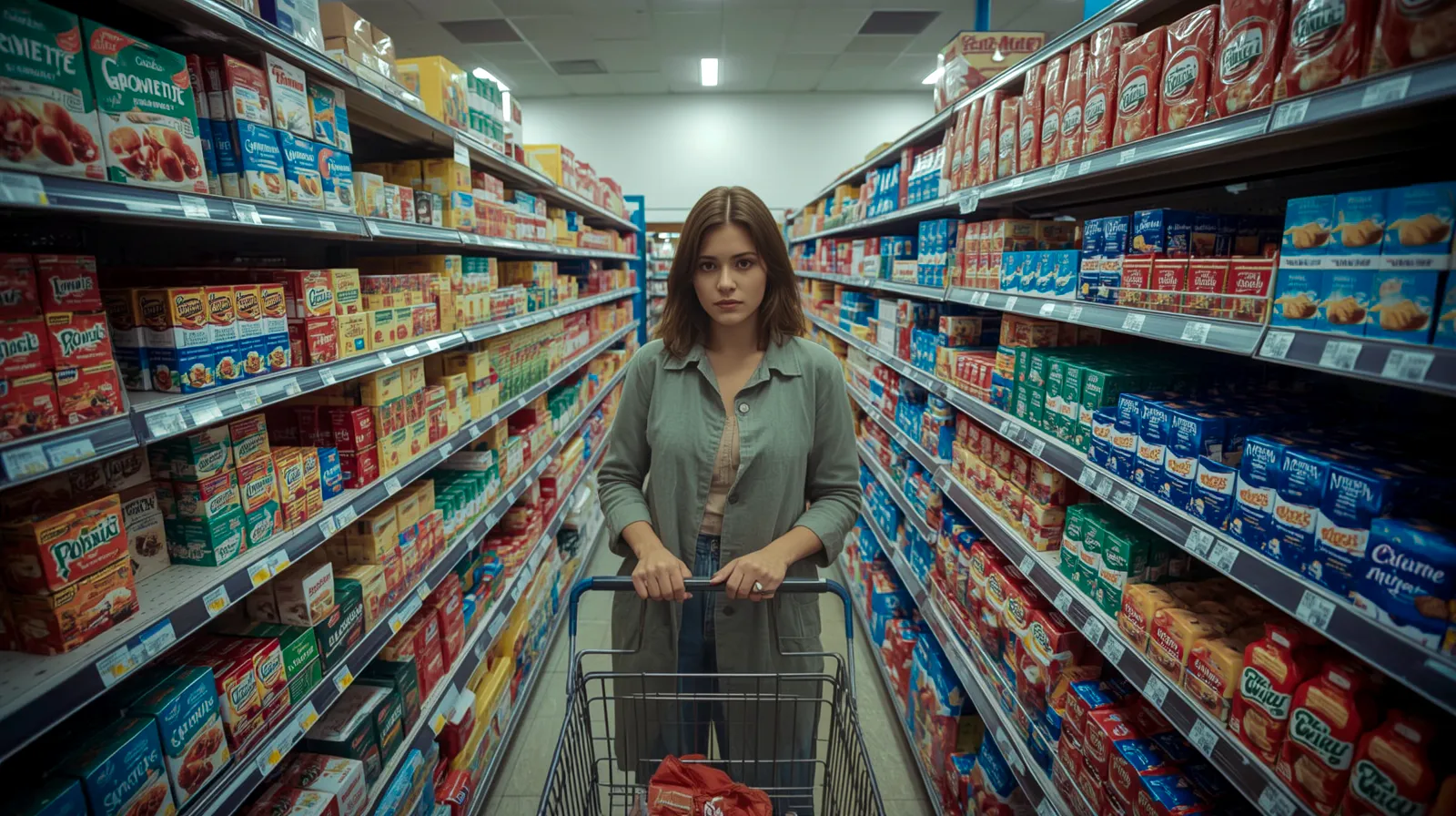 Eye level view of a shopper pushing a cart down a crowded supermarket aisle, evaluating packaging from about three meters to illustrate calm tone of voice and the 3 second read