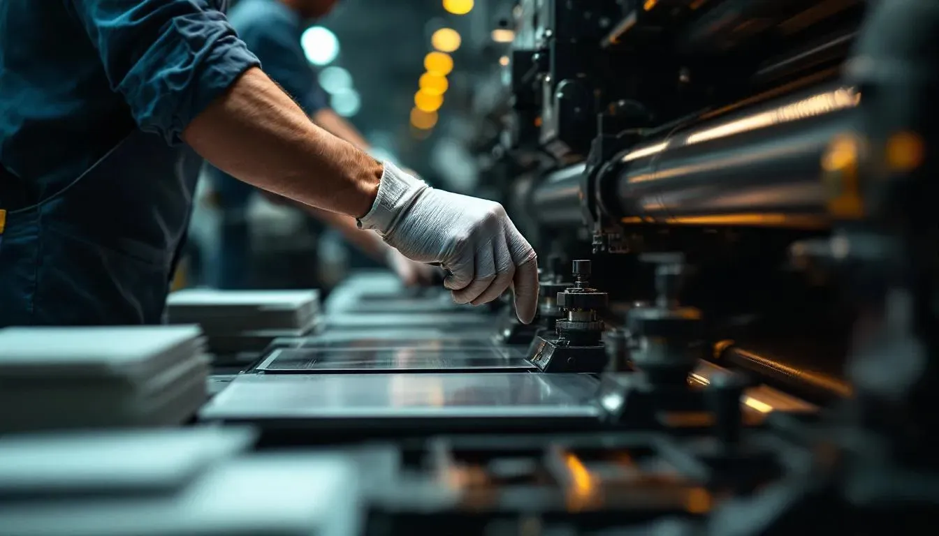 Offset press operator adjusting registration knobs with gloved hands beside ink fountains and a stack of make-ready waste sheets under neutral D50 lighting