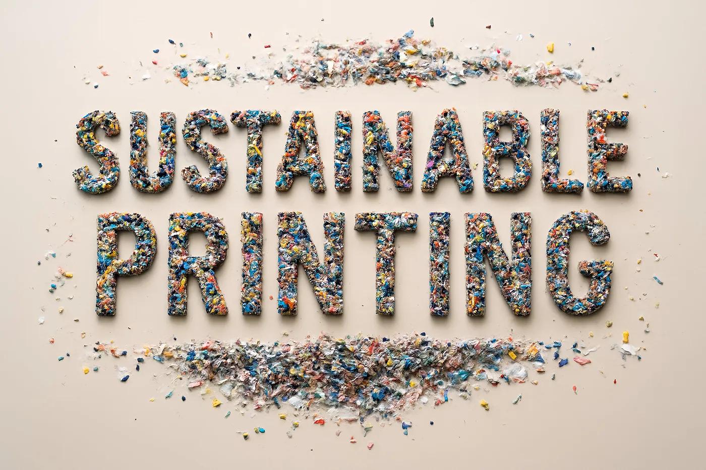 The words 'SUSTAINABLE PRINTING' formed from colorful shredded recycled plastic pieces on a beige background, symbolizing eco-friendly printing.