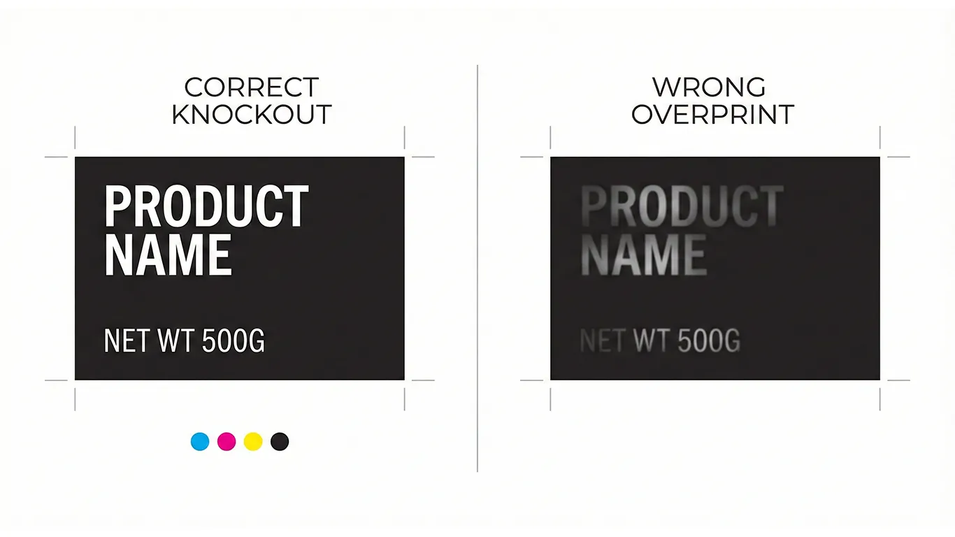 Example of overprint causing color mixing issues on a packaging design.