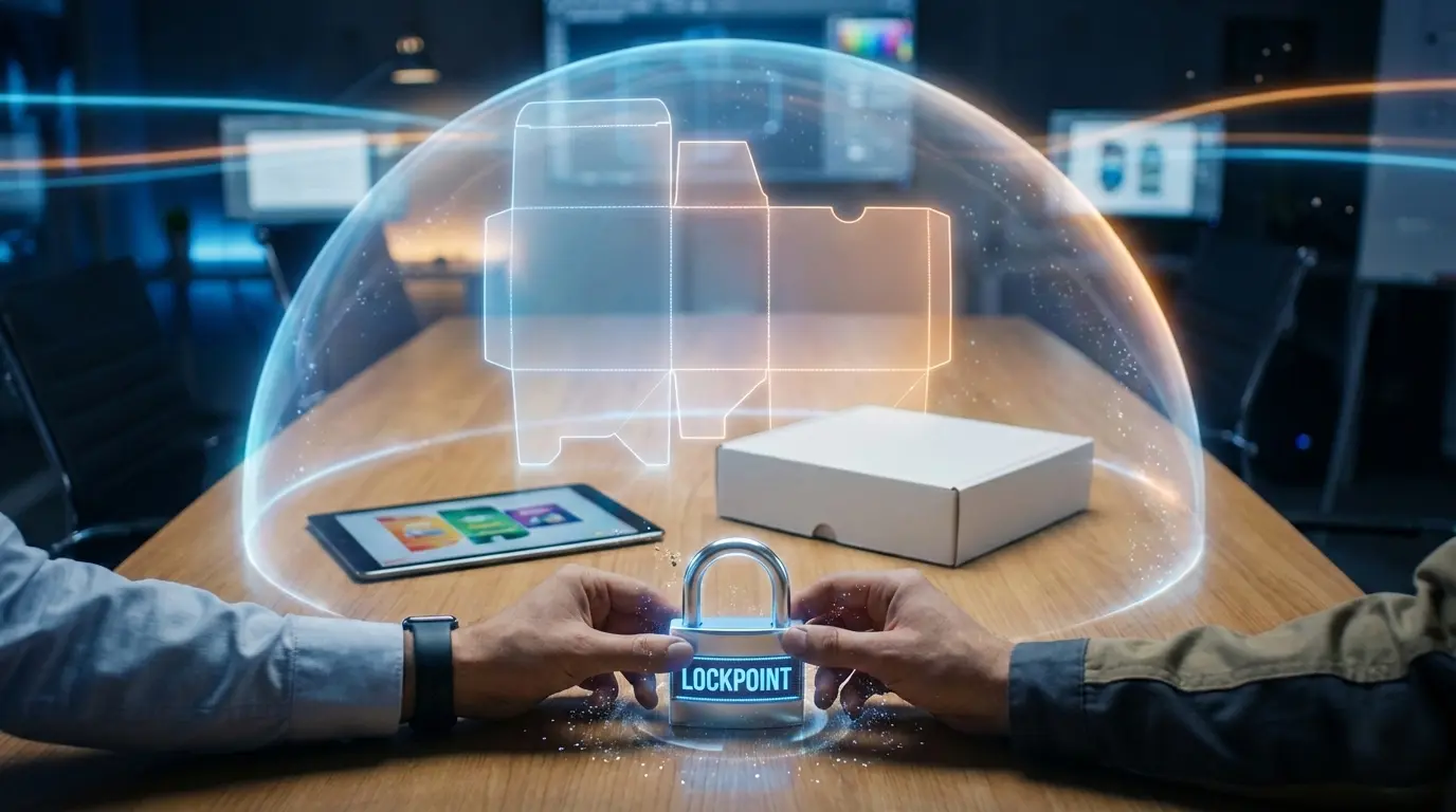Cinematic digital dieline blueprint projected as a protective force field over a packaging prototype with a Lockpoint padlock being secured by a designer and printer.