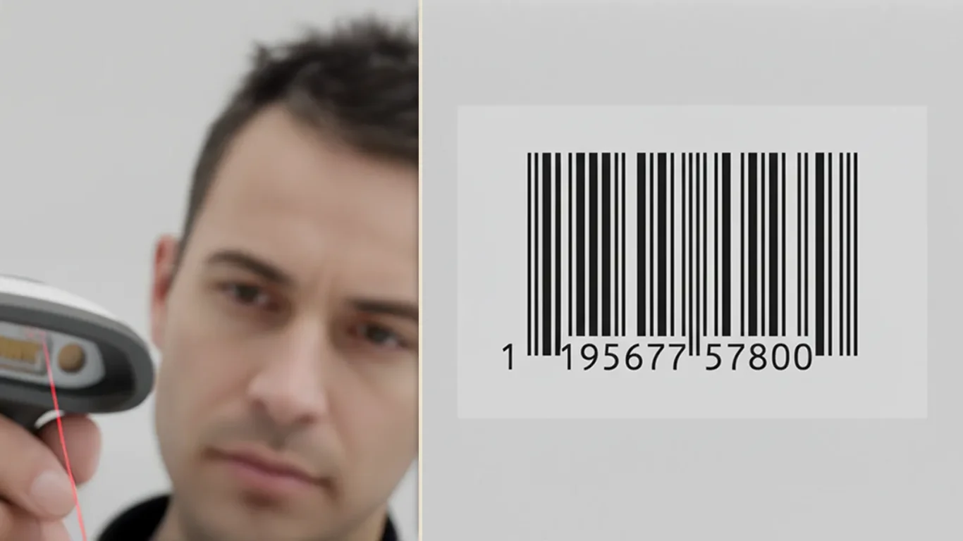 Close-up of a retail barcode printed on a matte carton panel with clear quiet zones, alongside a wrapped label test on a curved bottle under store LEDs