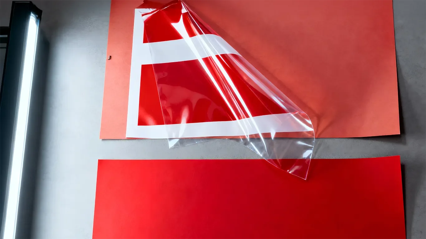 A red and white vinyl sticker with a geometric design is partially peeled off from its backing and being applied on a solid red surface with a light source to the left.