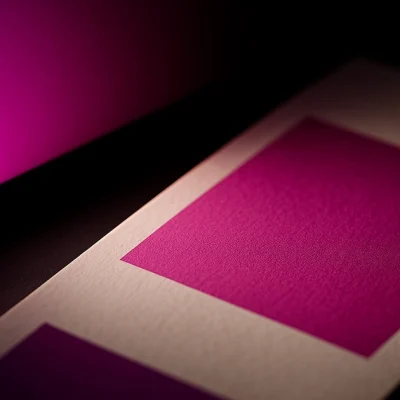 Macro comparison of neon magenta on an RGB monitor versus a duller CMYK print swatch, highlighting the color shift between screen and print.