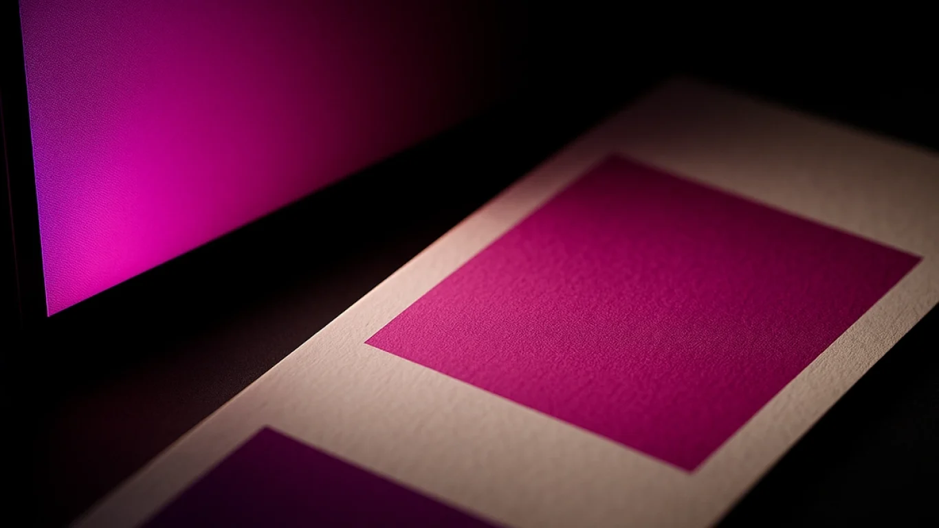 cmyk-vs-rgb-color-shift-macro-magenta-screen-vs-print-16×9 Macro comparison of neon magenta on an RGB monitor versus a duller CMYK print swatch, highlighting the color shift between screen and print.