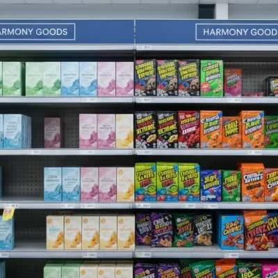 Design for Distance: Win the 3-Second Read Supermarket shelf from three meters showing a clear, legible package next to a cluttered one