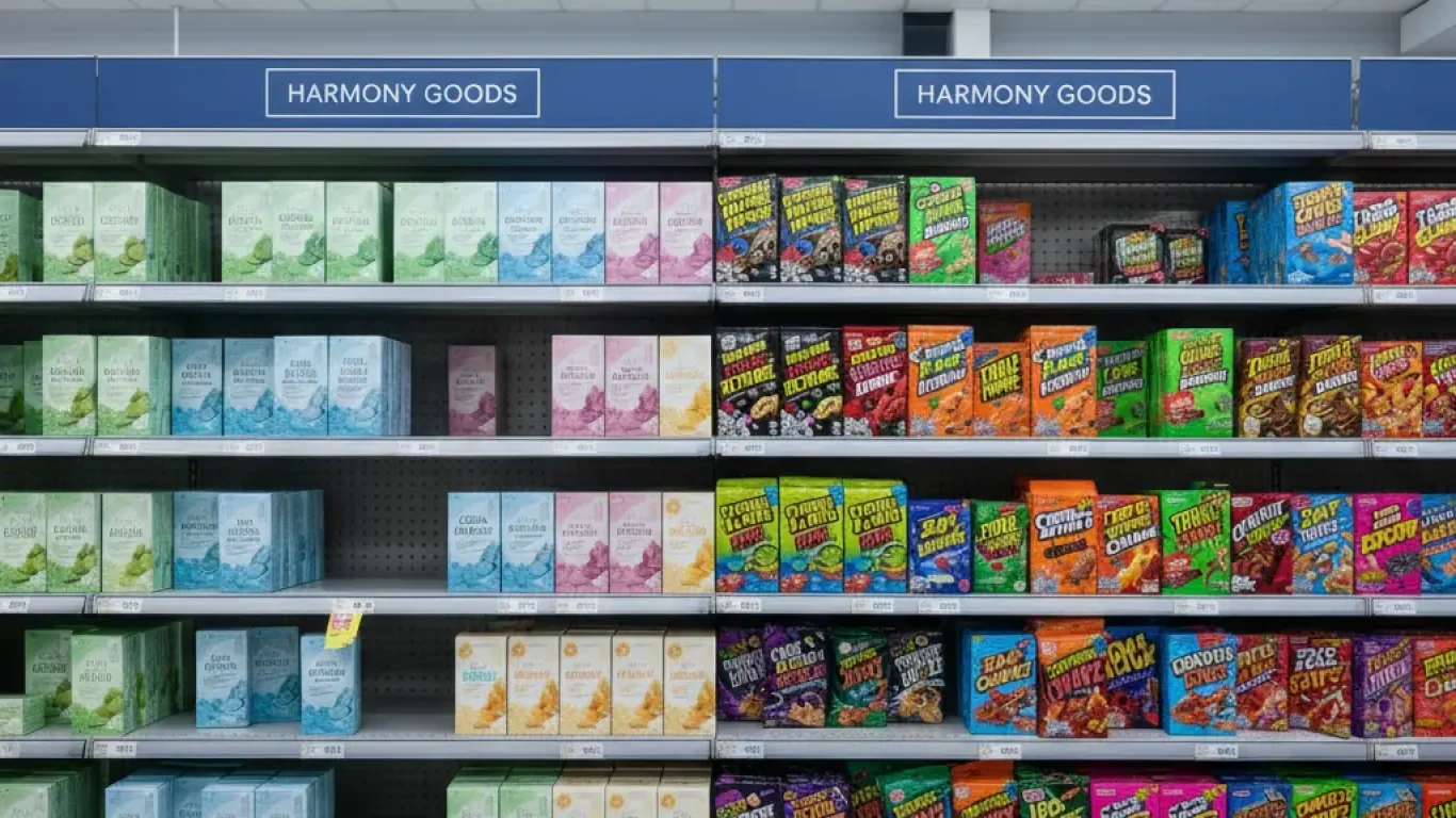 Design for Distance: Win the 3-Second Read Supermarket shelf from three meters showing a clear, legible package next to a cluttered one