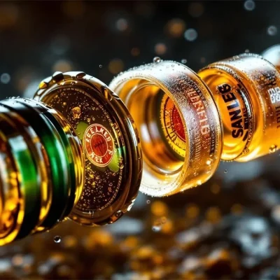 Close-up image of several glass bottle caps and labels showing font legibility and branding in a wet, high-detail environment