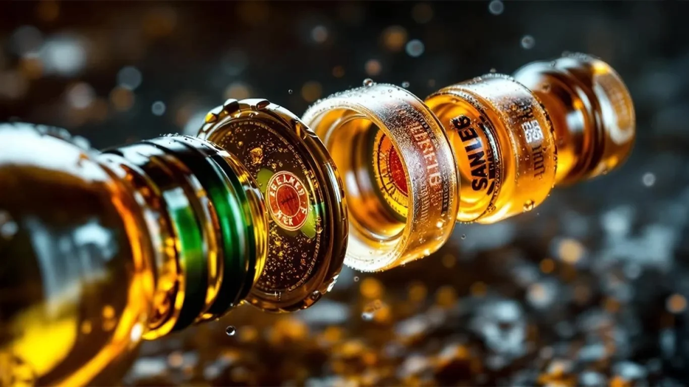 Close-Up of Bottle Packaging Typography and Label Design in Moisture-Rich Setting Close-up image of several glass bottle caps and labels showing font legibility and branding in a wet, high-detail environment