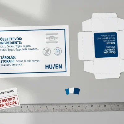 Multilingual Label Before/After Vertical split comparing a cluttered multilingual label above and a clean HU/EN label with headings and icons below.
