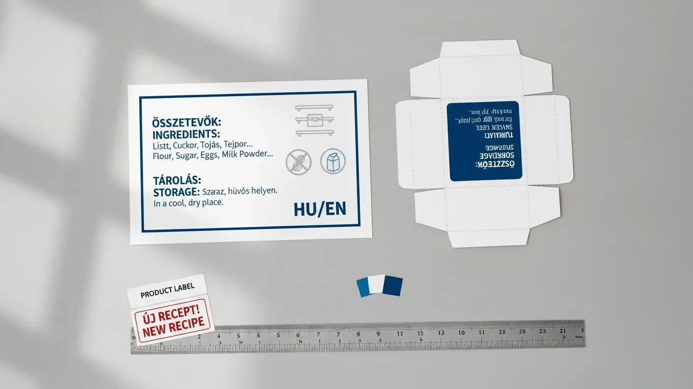 Multilingual Label Before/After Vertical split comparing a cluttered multilingual label above and a clean HU/EN label with headings and icons below.