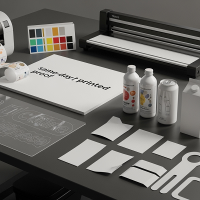 In-house packaging workspace with printed label proofs, a dieline overlay, short-run sample units, and POS materials beside a compact label printer—showing same-day turnaround.