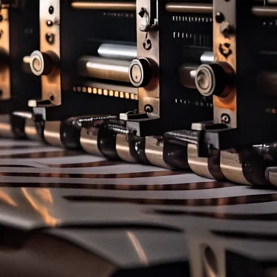 Close-up of a modern label printing press with glossy label rolls in precise alignment, showing high-quality packaging production.