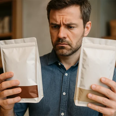 Man comparing two stand-up pouches with different label shades, illustrating a print color mismatch between packaging samples.