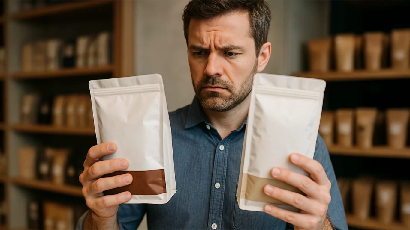 CMYK vs RGB: comparing packaging pouches with mismatched color bands Man comparing two stand-up pouches with different label shades, illustrating a print color mismatch between packaging samples.