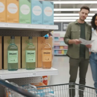 On-Shelf Color Consistency – Supermarket Aisle Test Supermarket shelf showing consistent color across carton and clear-bottle variants under cool LED lighting, shopping cart in foreground, two team members reviewing notes in soft focus