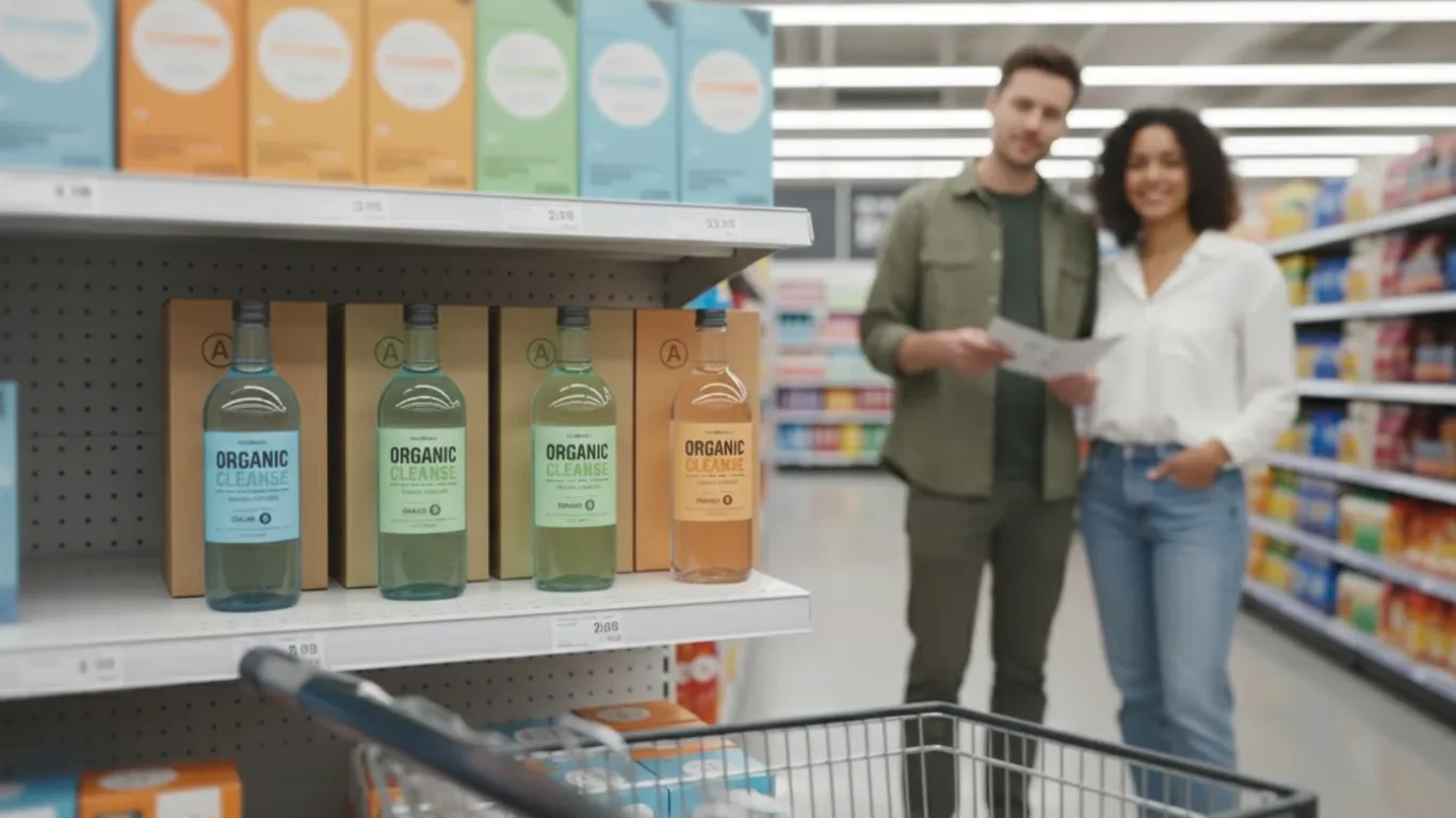 On-Shelf Color Consistency – Supermarket Aisle Test Supermarket shelf showing consistent color across carton and clear-bottle variants under cool LED lighting, shopping cart in foreground, two team members reviewing notes in soft focus