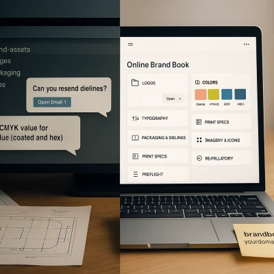 Split-screen: messy folders and emails asking for dielines/CMYK on the left; on the right, a laptop shows an online brand book with logos, color chips, dielines, and print specs.