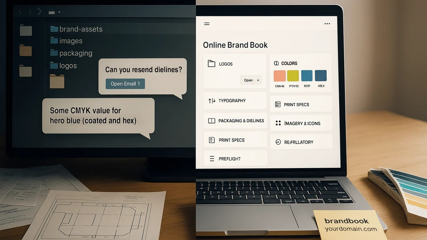 Online Brand Book vs PDF: One Link for Logos, Dielines & Print Specs Split-screen: messy folders and emails asking for dielines/CMYK on the left; on the right, a laptop shows an online brand book with logos, color chips, dielines, and print specs.