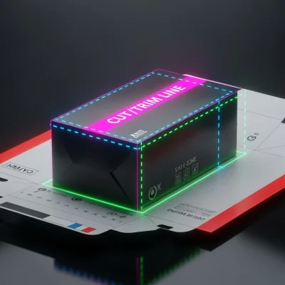 3D folding carton on an unfolded dieline with neon overlays showing cut/trim, crease, bleed and safe zone — clean prepress packaging example on dark background.