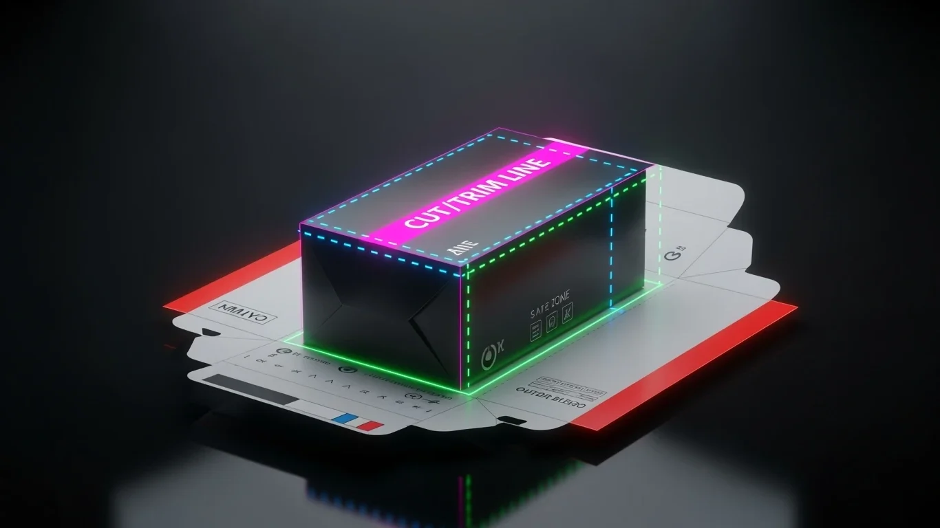 Dielines & Bleed Explained — Print Production Basics 3D folding carton on an unfolded dieline with neon overlays showing cut/trim, crease, bleed and safe zone — clean prepress packaging example on dark background.