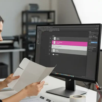 Designer Reviewing Proof – Overprint and White Underprint Layers Packaging designer comparing a printed carton proof to on-screen artwork showing DIE_LINE, WHITE_UNDERPRINT, and BARCODE layers in a tidy studio with shallow depth of field