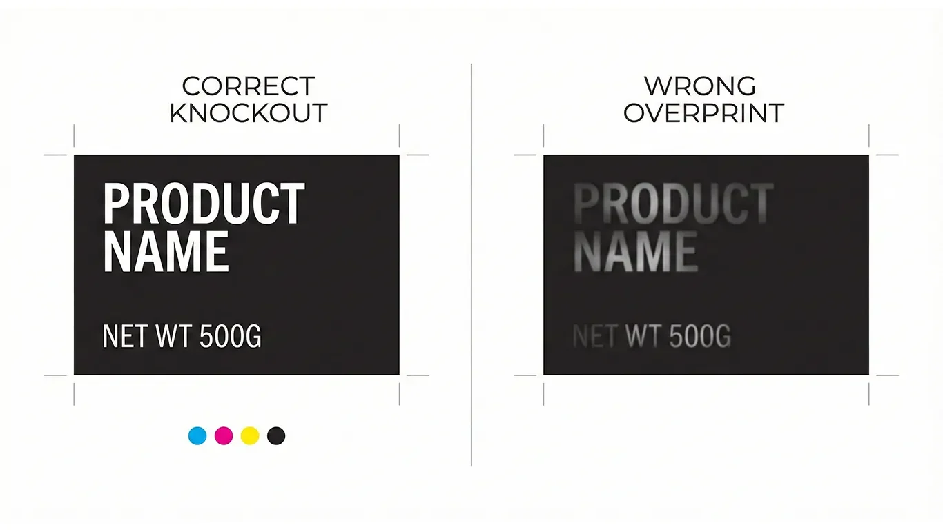 Example of overprint causing color mixing issues on a packaging design.