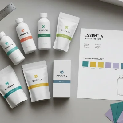 Packaging SKU Architecture & Variant System Top‑down photo of a packaging family with consistent design across variants, plus a style sheet with color chips and a dieline thumbnail.