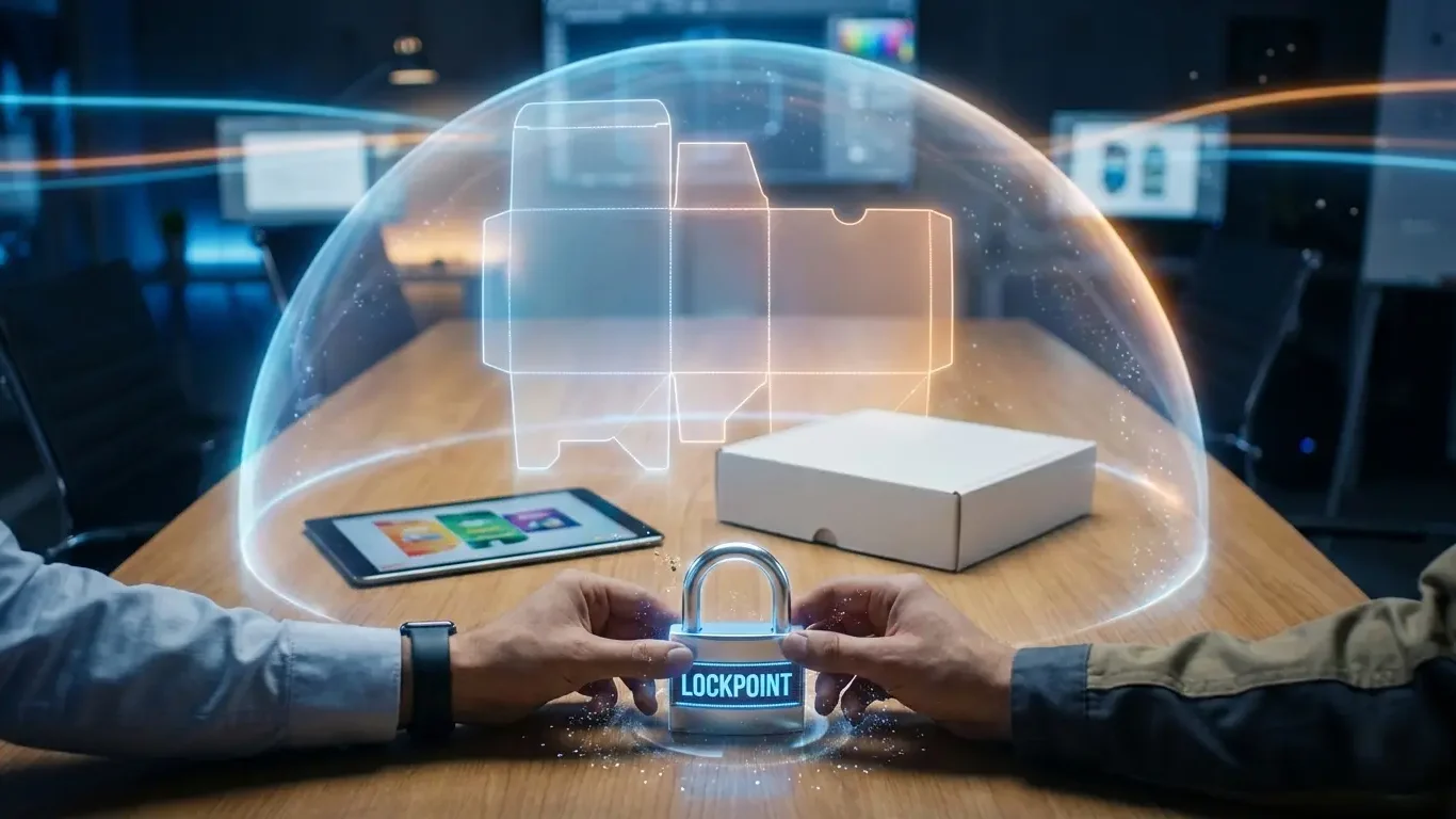 Cinematic digital dieline blueprint projected as a protective force field over a packaging prototype with a Lockpoint padlock being secured by a designer and printer.