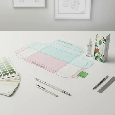 Reprint-Ready Packaging Templates Packaging template with locked dieline and white ink layers beside printed carton and label proofs