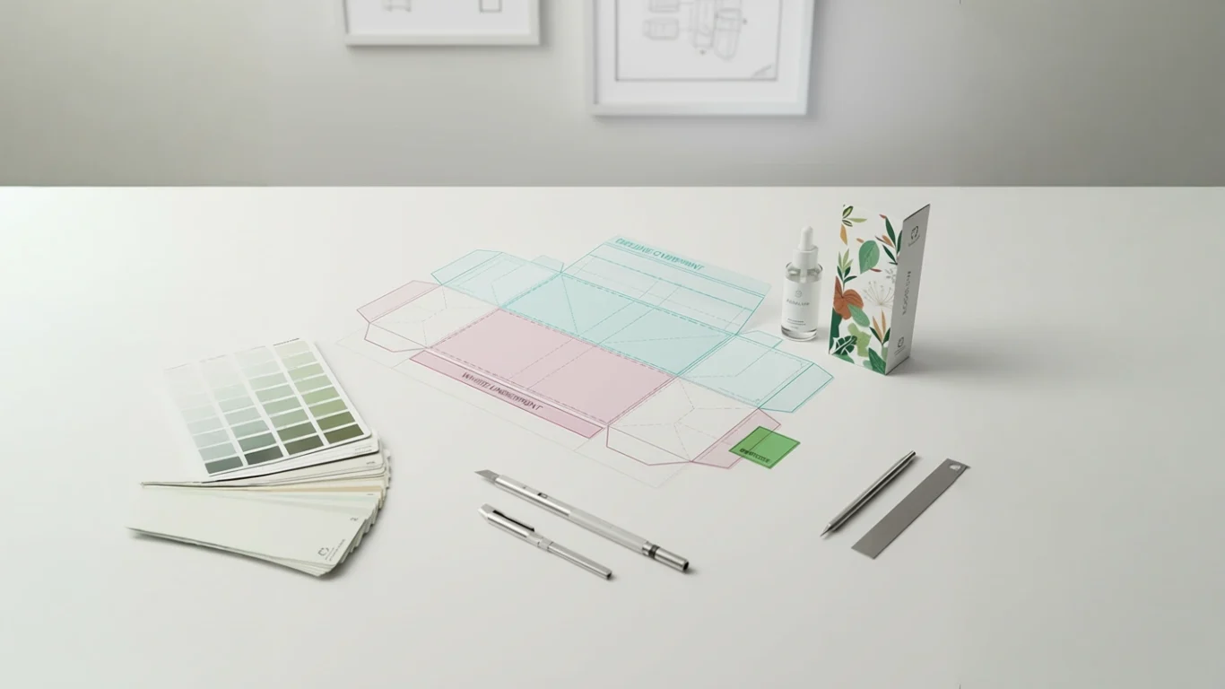 Reprint-Ready Packaging Templates Packaging template with locked dieline and white ink layers beside printed carton and label proofs