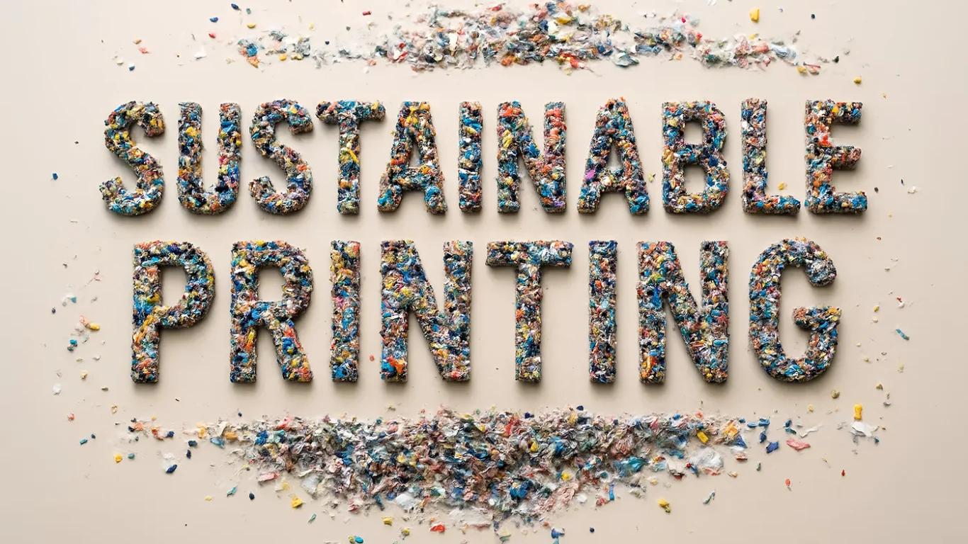 The words 'SUSTAINABLE PRINTING' formed from colorful shredded recycled plastic pieces on a beige background, symbolizing eco-friendly printing.