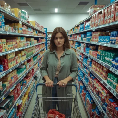 Shopper View – Supermarket Aisle Choice and Pack Tone Eye level view of a shopper pushing a cart down a crowded supermarket aisle, evaluating packaging from about three meters to illustrate calm tone of voice and the 3 second read