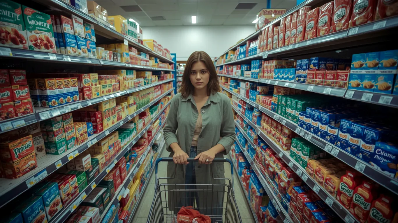 Shopper View – Supermarket Aisle Choice and Pack Tone Eye level view of a shopper pushing a cart down a crowded supermarket aisle, evaluating packaging from about three meters to illustrate calm tone of voice and the 3 second read