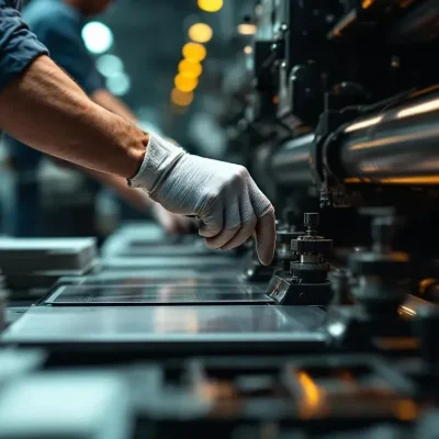 Make-Ready on Offset Press – Plates, Ink Fountains, Registration Offset press operator adjusting registration knobs with gloved hands beside ink fountains and a stack of make-ready waste sheets under neutral D50 lighting