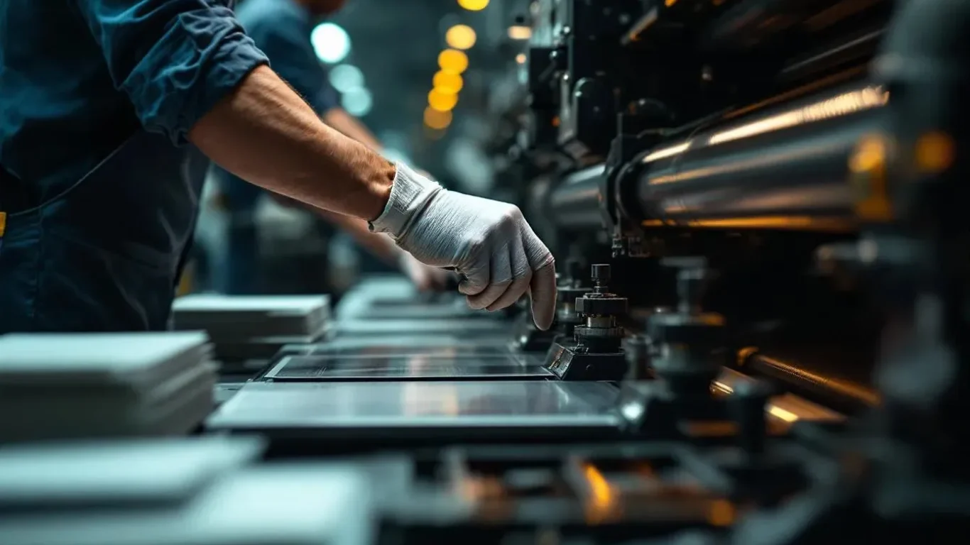Make-Ready on Offset Press – Plates, Ink Fountains, Registration Offset press operator adjusting registration knobs with gloved hands beside ink fountains and a stack of make-ready waste sheets under neutral D50 lighting